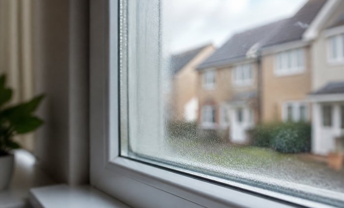Misted double glazing with condensation trapped between the panes